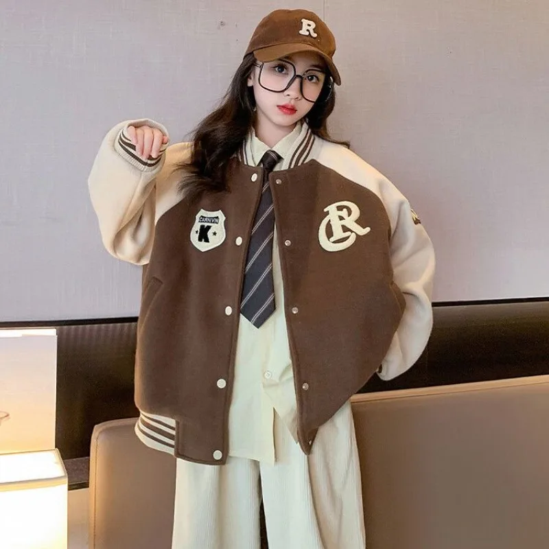 

2025 Spring Autumn Girls' Fleece Lined Baseball Jacket Soft Inner Tweens' Casual Jacket for Ages 6-12 Kids' Outerwear Arrival