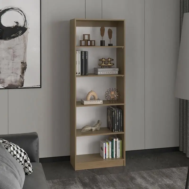 Ampia libreria a 4 livelli in rovere naturale con ripiani e espositori a più livelli