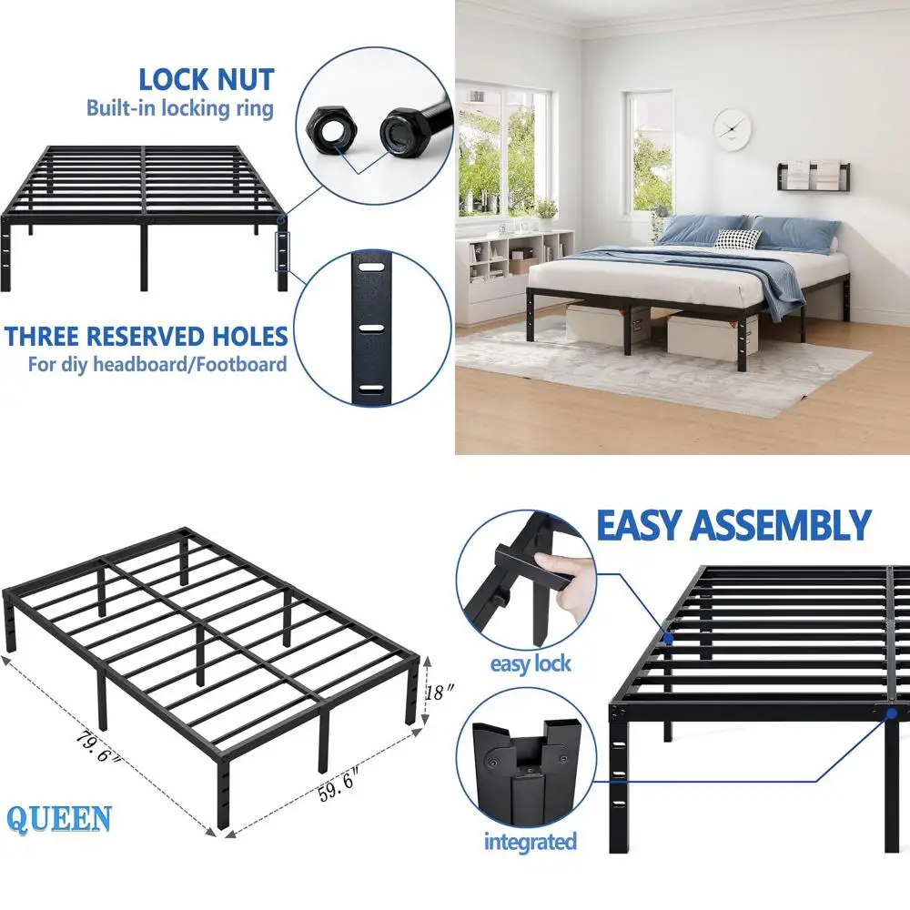 

18 Queen Metal Bed with Storage, Heavy Duty, Easy Assembly, No Box Spring, Black