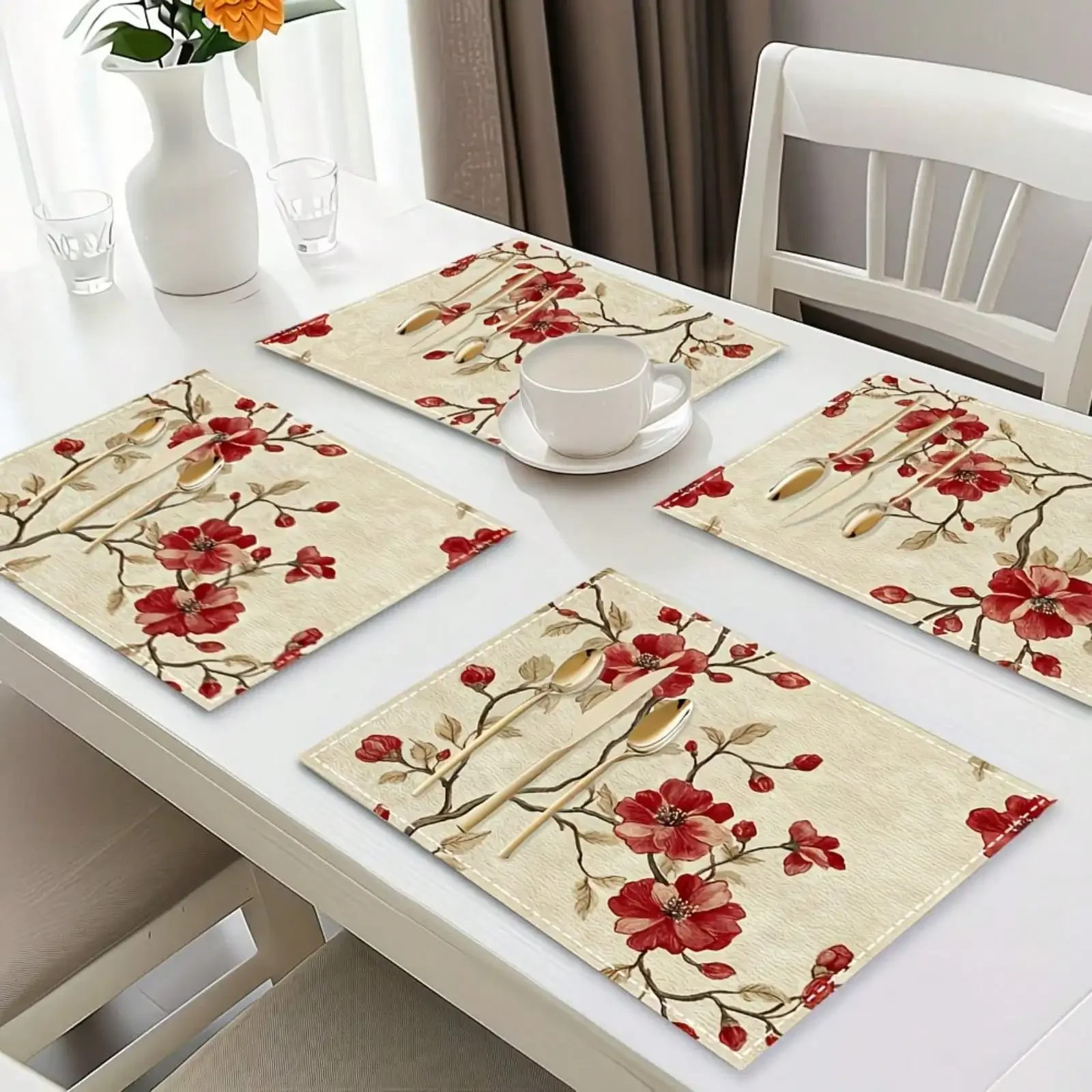 

4pcs Chinese Style Plum Blossom Pattern, Machine Washable Polyester Placemat, Heat Resistant, Dirty, Hot, Waterproof And Easy To Clean Placemats, Table Decoration, Holiday Party Layout, Desktop Protection, Can Be Used As Gifts Zxl