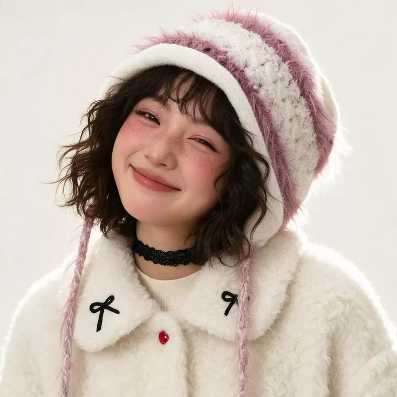 Colorful Striped Fluffy Knitted Earflap Hat for Women Fall Winter Handmade 3D Flower Tassel Decor Tie Beanies Streetwear Cap