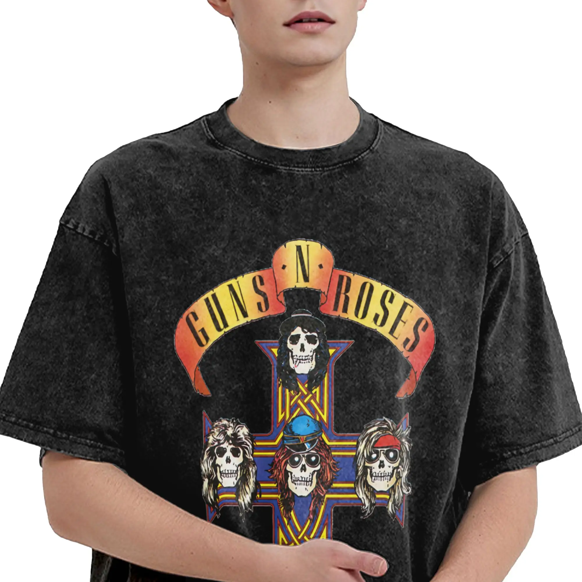 Guns N Roses Logo Washed T Shirts Streetwear Hip Hop Fashion T-Shirt  Tees Men Women Short Sleeve Oversize Printed - view 5