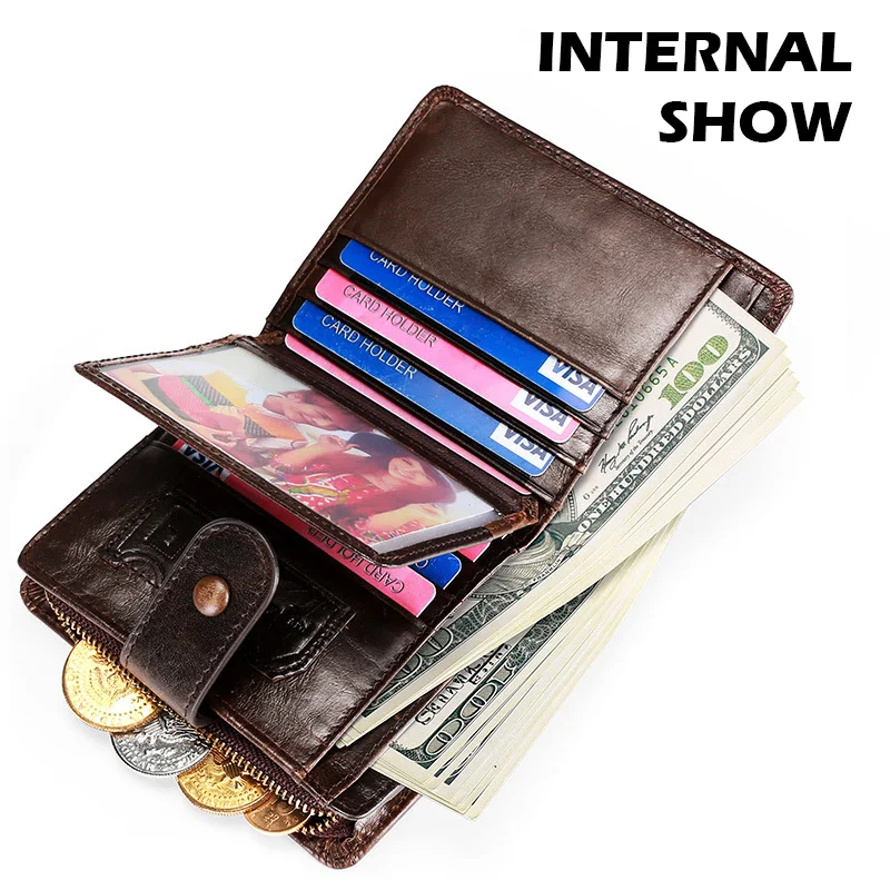 Brand Designer Cowhide Leather Men's Wallet with Zipper Coin Pocket Multiple Card Slots RFID Clasp Casual Retro Wallet for Men