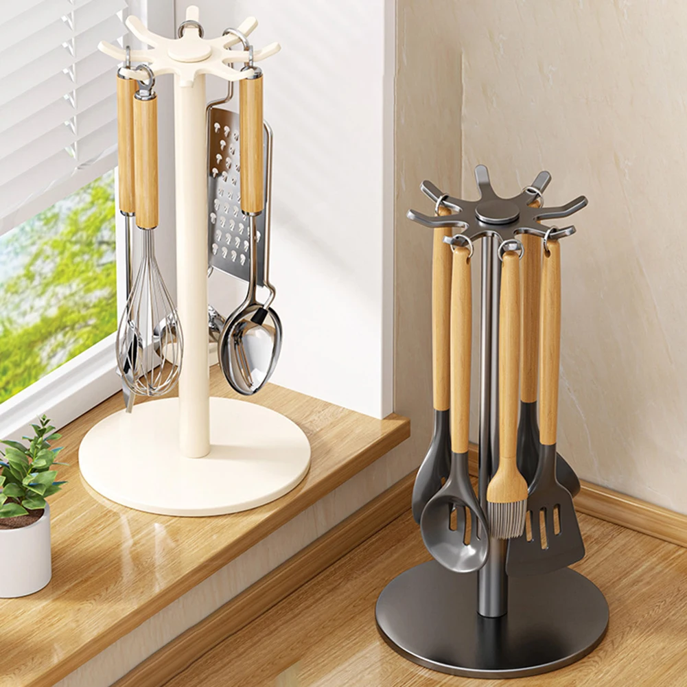 Utensil Holder with 8 Hooks Rotatable for Kitchen Countertop Efficient Organization Sturdy Metal 40.5x14cm Cream White Gray