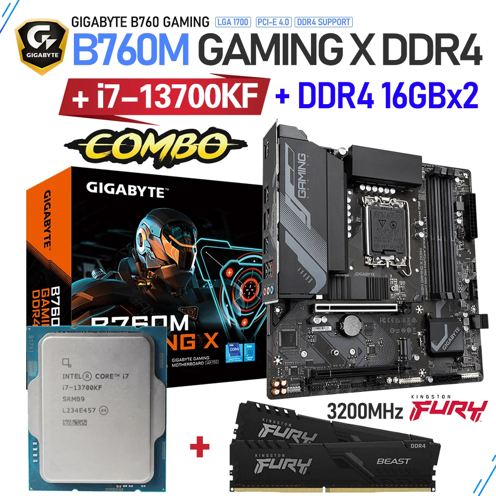 

i7 13700KF LGA 1700 CPU Set Gigabyte B760M GAMING X DDR4 Motherboard With Ram 32GB Kingston Fury Beast 3200MHz Intel B760 2.5Gbe