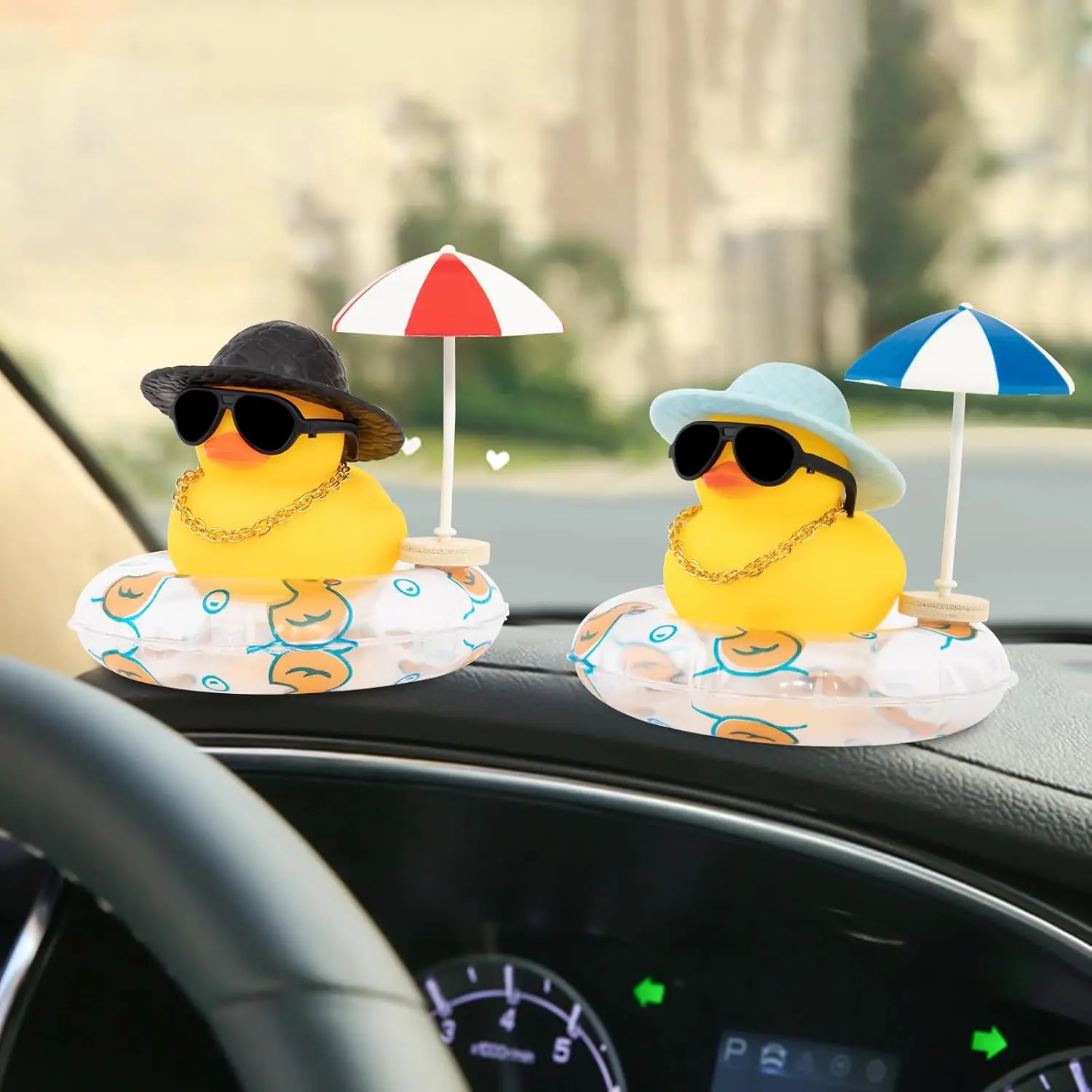 

Summer Rubber Duck Car Ornaments Duck Car Dashboard Decorations Cute Car Ducks with Sun Hat Necklace Sun Umbrella and Sunglasses