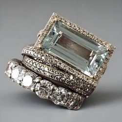 2025 New Fashion Three Piece Set Blue Square Zircon Rings For Women Party Idea Gifts Custom Jewelry