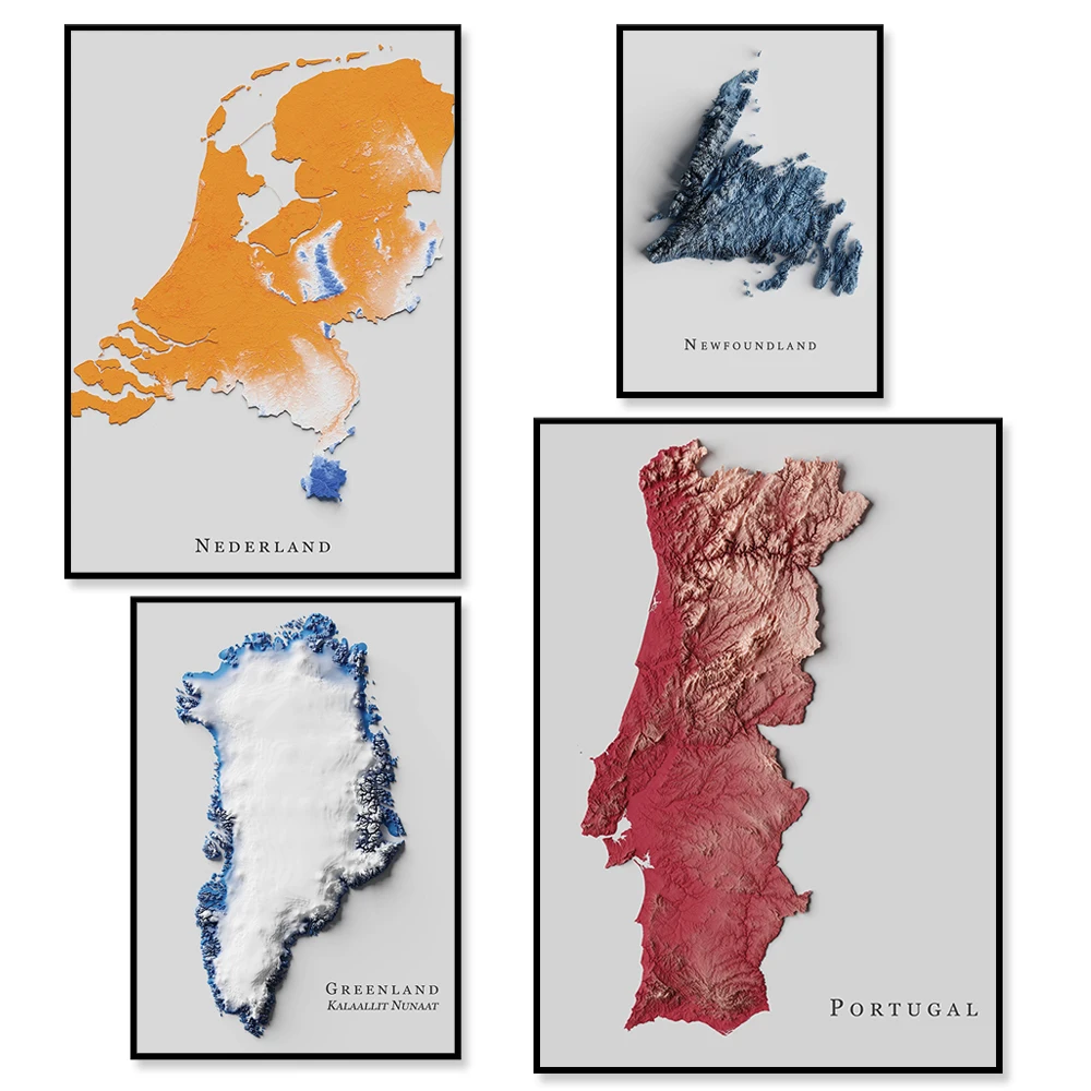 Poster with topographic map of Ukraine, Austria, Greenland, Newfoundland, Mexico, Kentucky, USA, Netherlands, Portugal