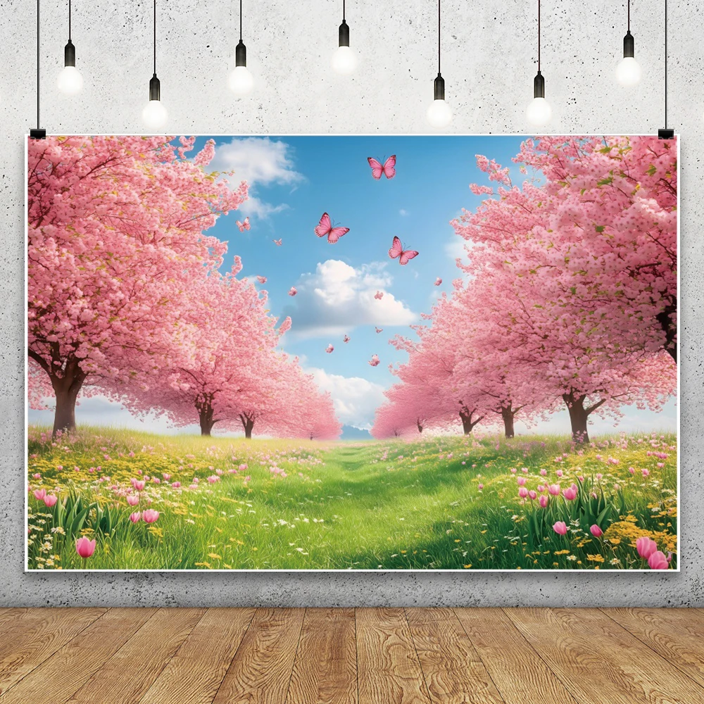 ฤดูใบไม้ผลิ Cherry Blossom Trail การถ่ายภาพฉากหลังภูมิทัศน์ธรรมชาติป่าดอกไม้หญ้า Garden Park ภาพ Photocall พื้นหลัง