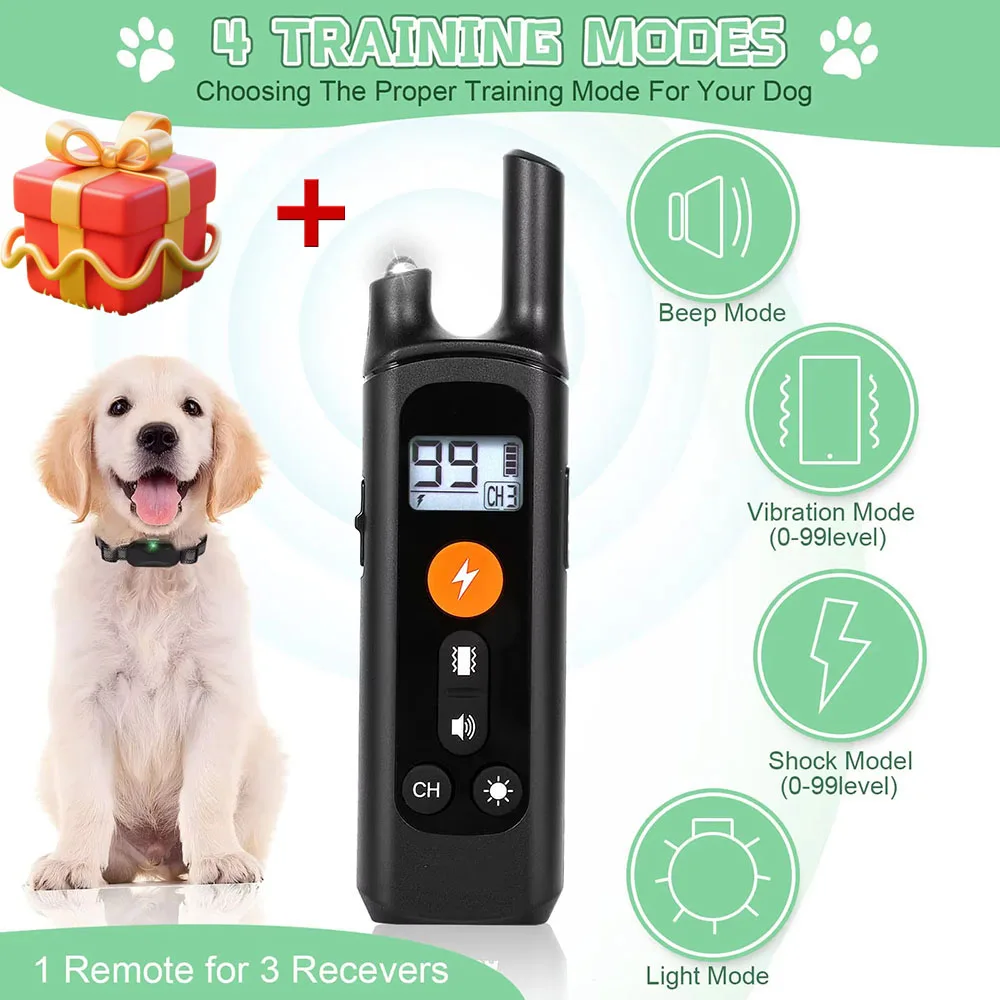 

Electric Remote Control Dog Trainer Bark Stopper 4 Training Modes Electric Shocker Vibration Sonic Light Waterproof Dog Collar