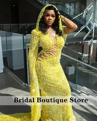 Glitter 2024 Yellow Evening Dress With Veil Sparkly Beads Crystals Pearls Prom Wedding Party Dress Red Carpet Robes