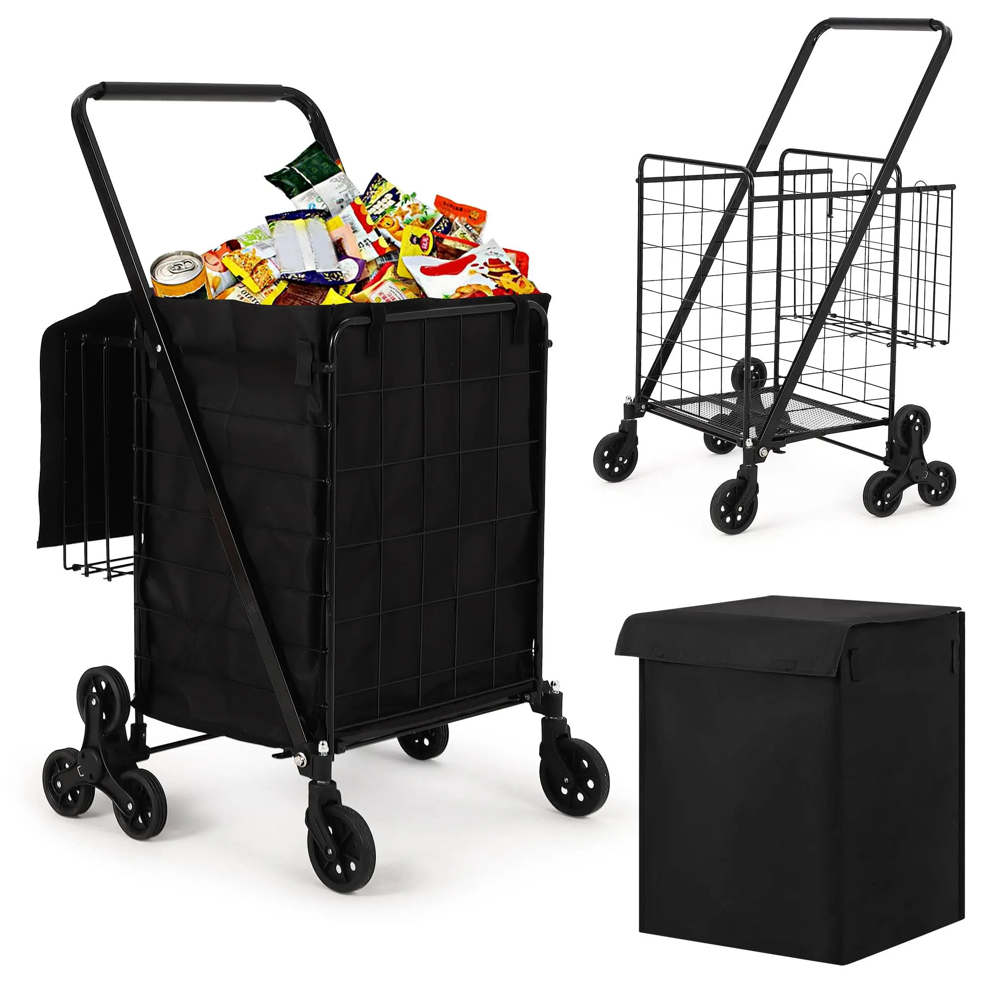 Carrito de compras, compras para subir escaleras con revestimiento impermeable para cesta y 360 ° Ruedas giratorias rodantes, comestibles plegables portátiles