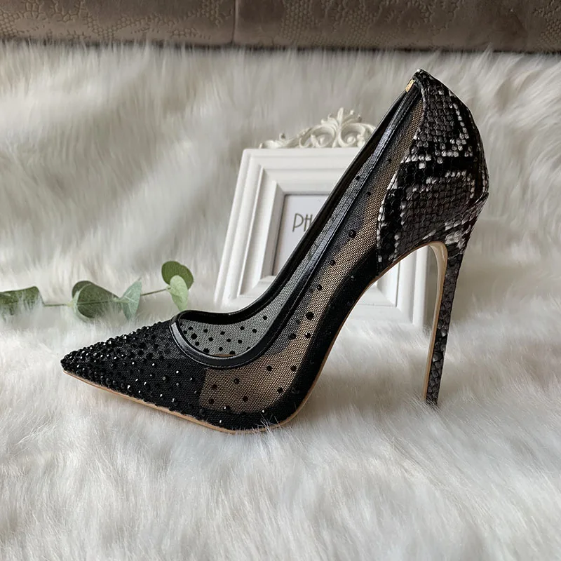 

Free Shipping TOMONYE Black Crystal Mesh Python Snake Women Lady 2023 New Style Spring 120mm High Heel Shoes Pump Plus Size 46