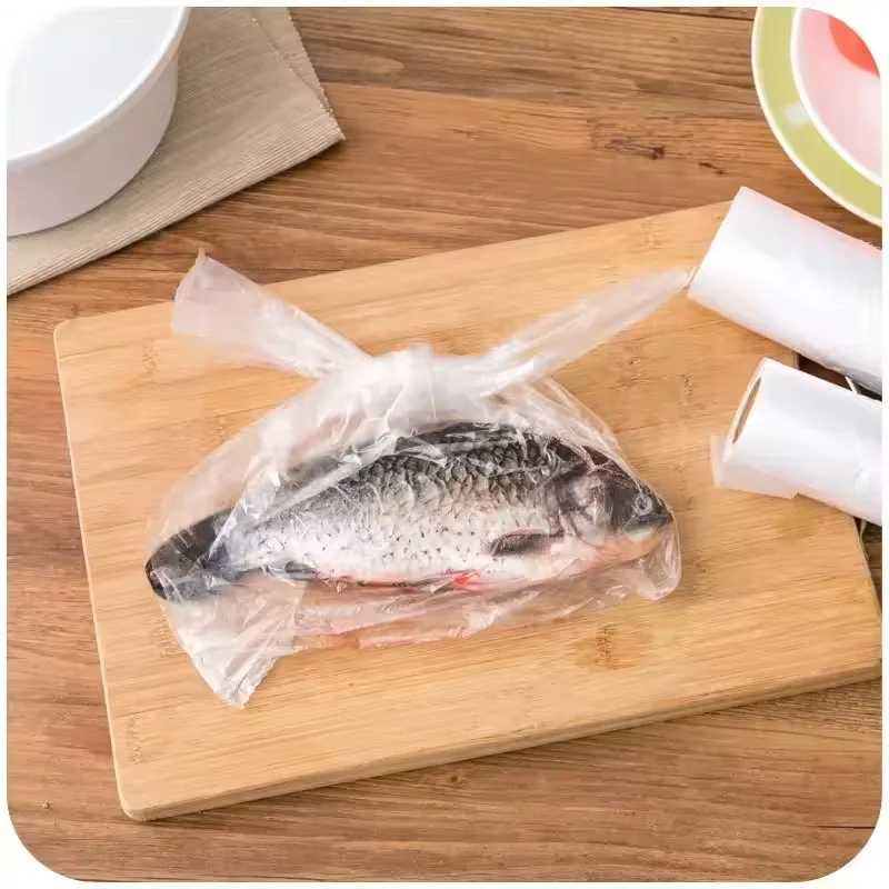 100pcs Plastic Transpare Roll Fresh-keep Bag Disposable Food Saver Bag Food Storage Bag with Handle Freshness Preservation Pouch