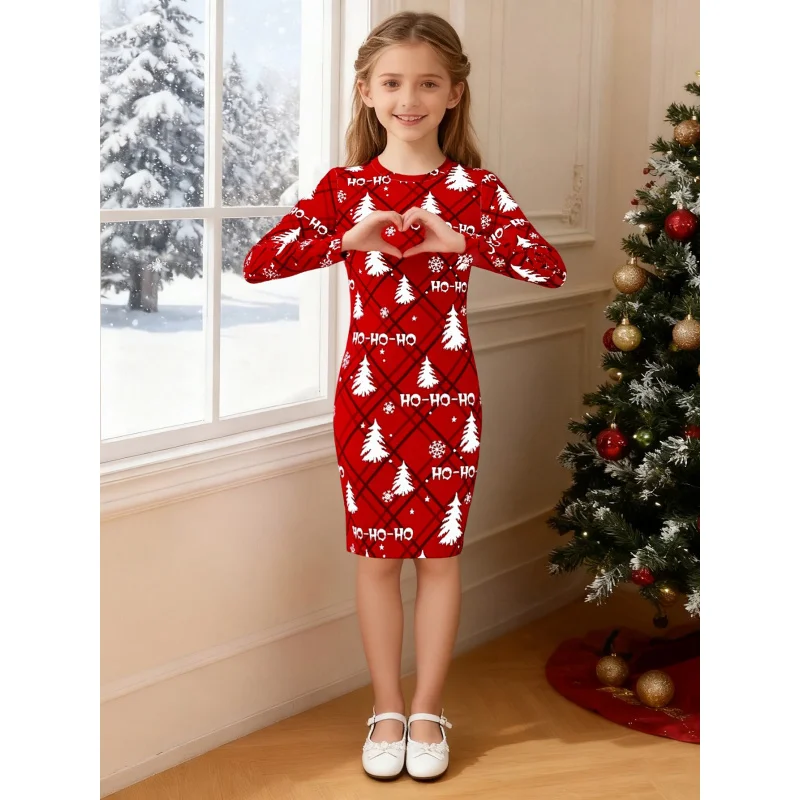 

Girls Red Long-Sleeved Christmas Tree HO-HO-HO Printed Holiday Dress 2026 Children's Christmas Dress