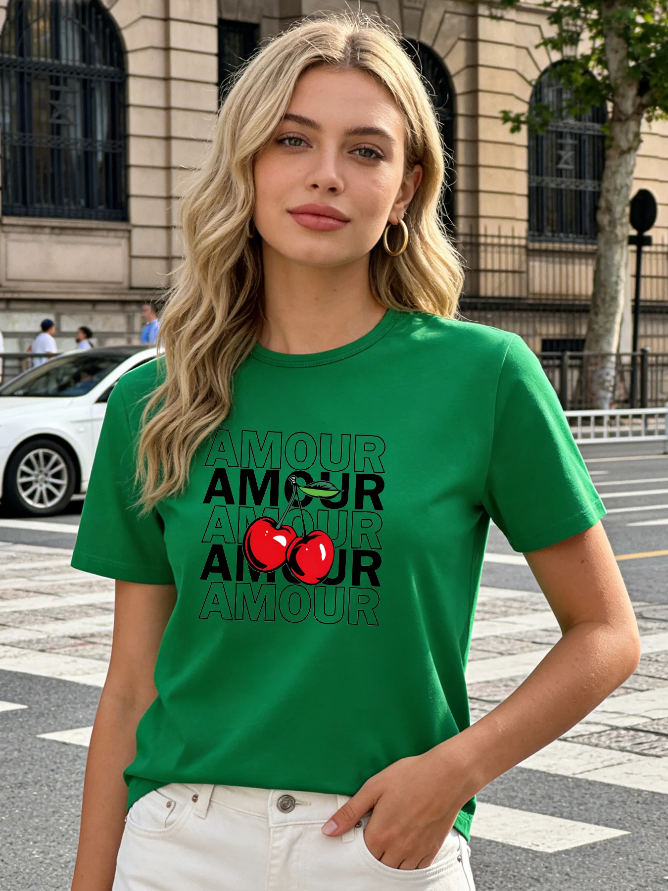

Women's T-shirt with French Love Letter Print 2026 Spring/Summer New Round Neck Short Sleeve Top