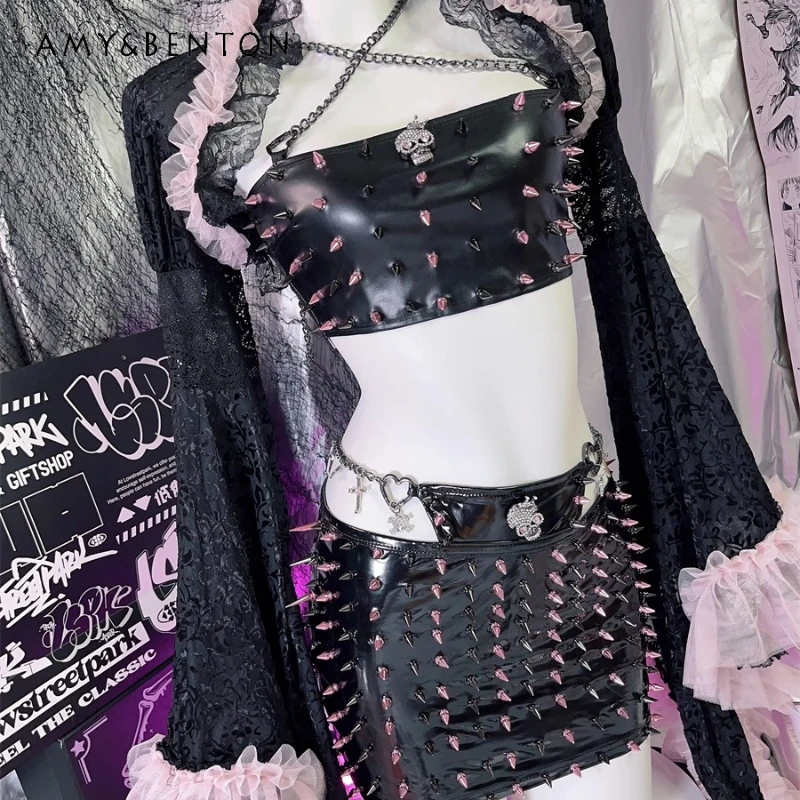 

2025 Spring Summer New Gothic Sexy Rivet Women's Tube Top European American Y2K Hot Girl Sexy Bodycon Skirt Punk Outfit Ladies