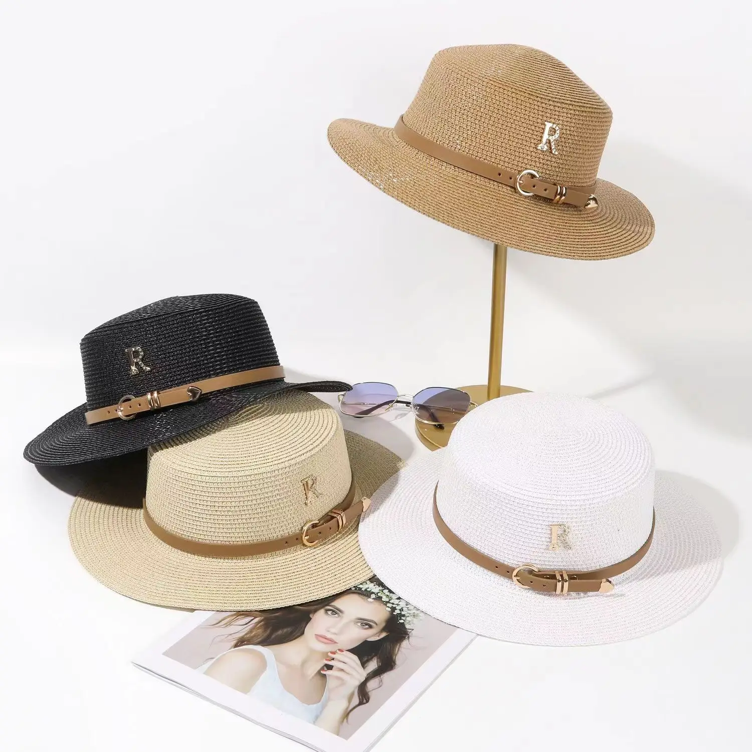 Trendy Luxury Designer Belt Buckle Flat Top Hat Summer Ladies Travel Sunshade Big Brim Straw Hats Retro Women Casual Bucket Cap