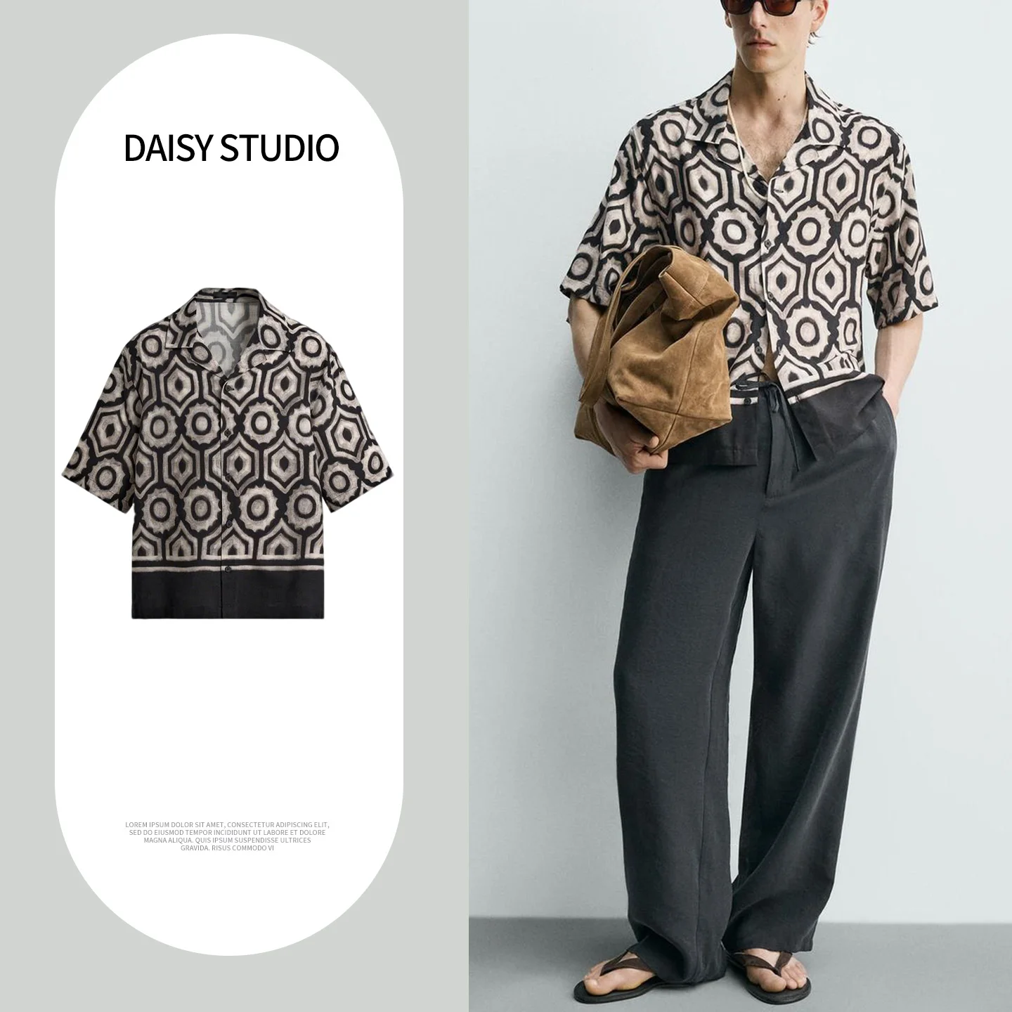 

New Summer Men's Loose Fit Bowling Shirt Short Sleeve Printed Geometric Pattern Casual Shirt Polyester Skin-friendly Breathable