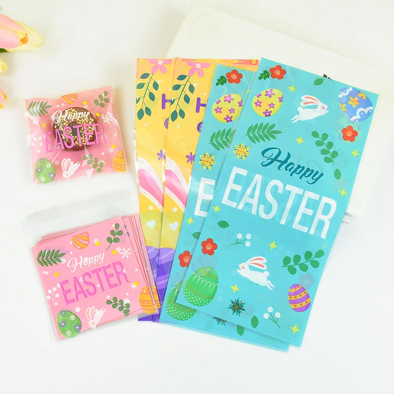 50pcs Easter Candy Cookie Bags Cute Bunny Eggs Pattern Gifts Snack Packaging Bags Happy Easter Party Decoration Supplies Favor