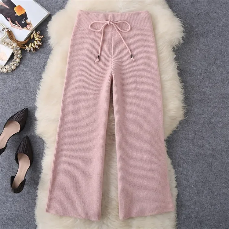 Winter Fall Knit 2 Piece Sets Half High Collar Warm Sweater Outfit Wide Leg Loose Pant Suits Solid Color Soft Korean Tracksuit