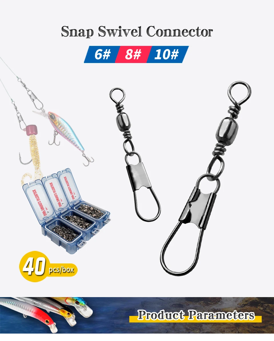 40 Stück Angelverbinder aus Edelstahl 6 # -10 # Lager Rollwirbel Snap mit Box Angelzubehör für Köderhaken – Detail 1