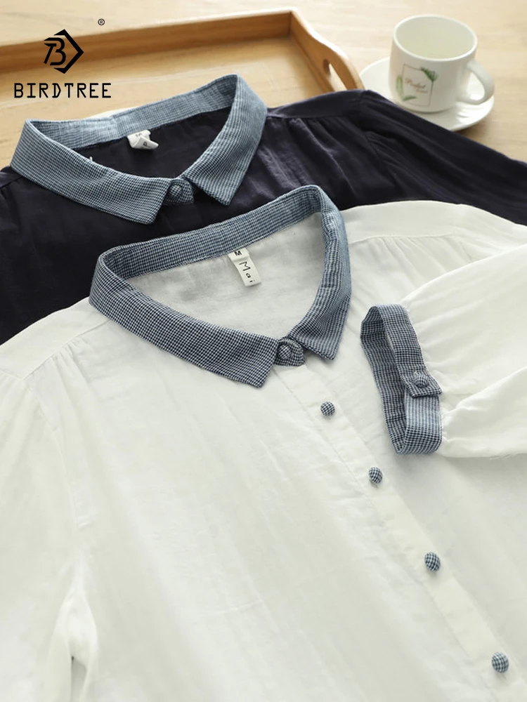

New 2026 Summer Women Cotton Yarn Half Sleeve Shirt, Turn-down Collar Patchwork, Mori Girl Fashion Casual Loose Blouse T65423CC