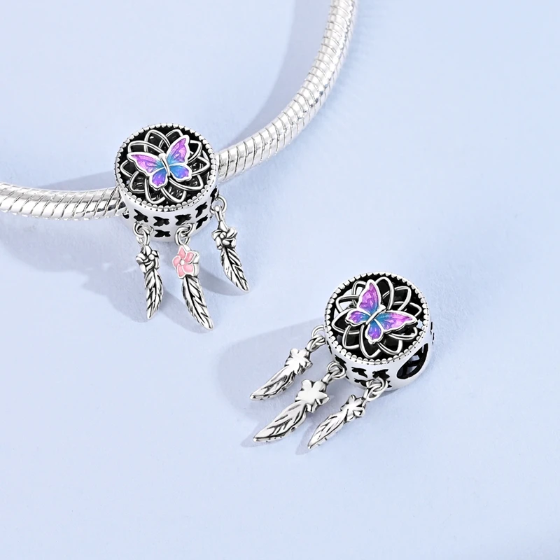 

Original 925 Silver Purple Butterfly Flower Pendant Feather Tassels Beads Fit Bracelet Woman Fashion Jewelry Gifts
