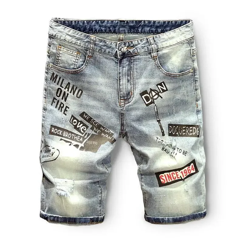 Short Jeans Pants for Men with Text Straight Multi Color Man Denim Shorts Distressed Jorts Designer New in Streetwear Luxury Emo