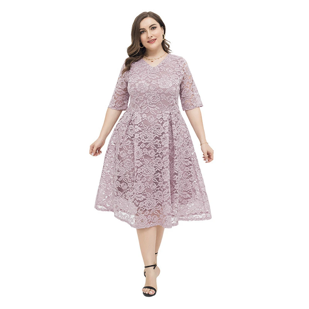 Plus Size Elegant Summer Wedding Party Light Dress Guest Bridesmaid Lady Lace Midi Dress Female Clothes Large Skirt Chubby Woman