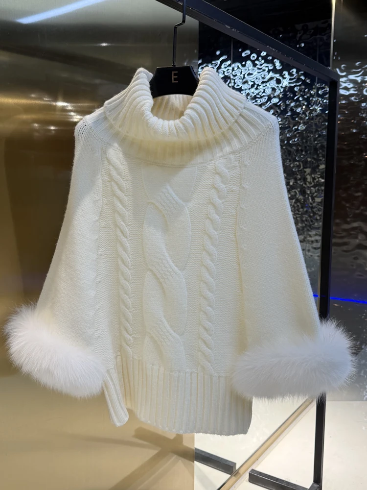 

Корейский вязаный свитер с рукавами «летучая мышь», с отстегивающимся меховым воротником, длинными рукавами, высоким воротником, свободного кроя, женский.