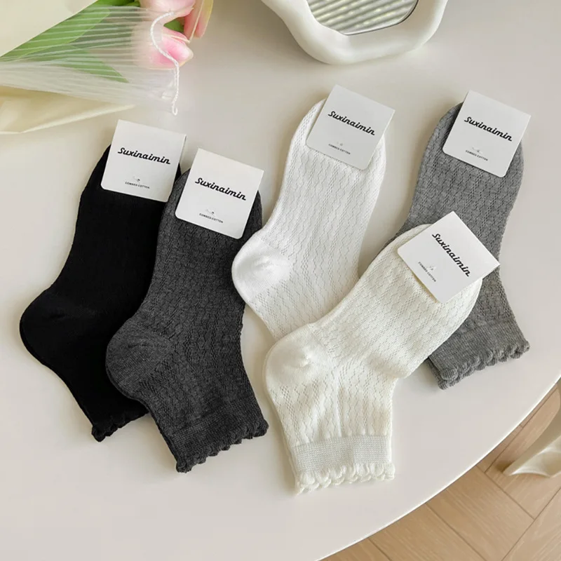 Hollow Out Mesh Thin Breathable Short Socks Summer Socks WomenSweet Girls Cute Low Cut Ankle Socks Black White Gray Solid Color