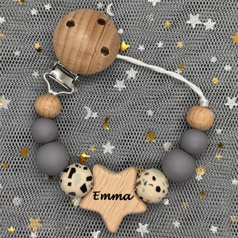 1Pc Personalized Name Custom Wooden Baby Pacifier Chain Clip Silicone Bead Dummy Nipple Holder Baby Teether Pendant Newborn Gift