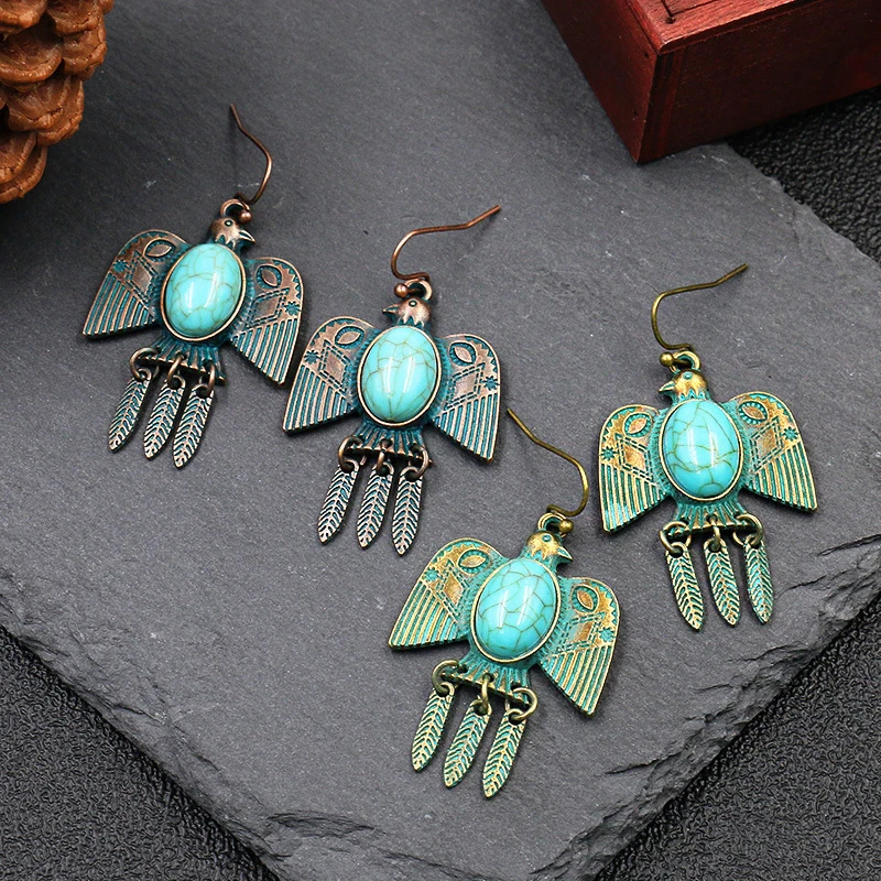 Vintage Turquoises Bird Drop Earrings Female Hollow Flower Ethnic Round Suspension Hanging Earrings Boho Jewelry Accessories