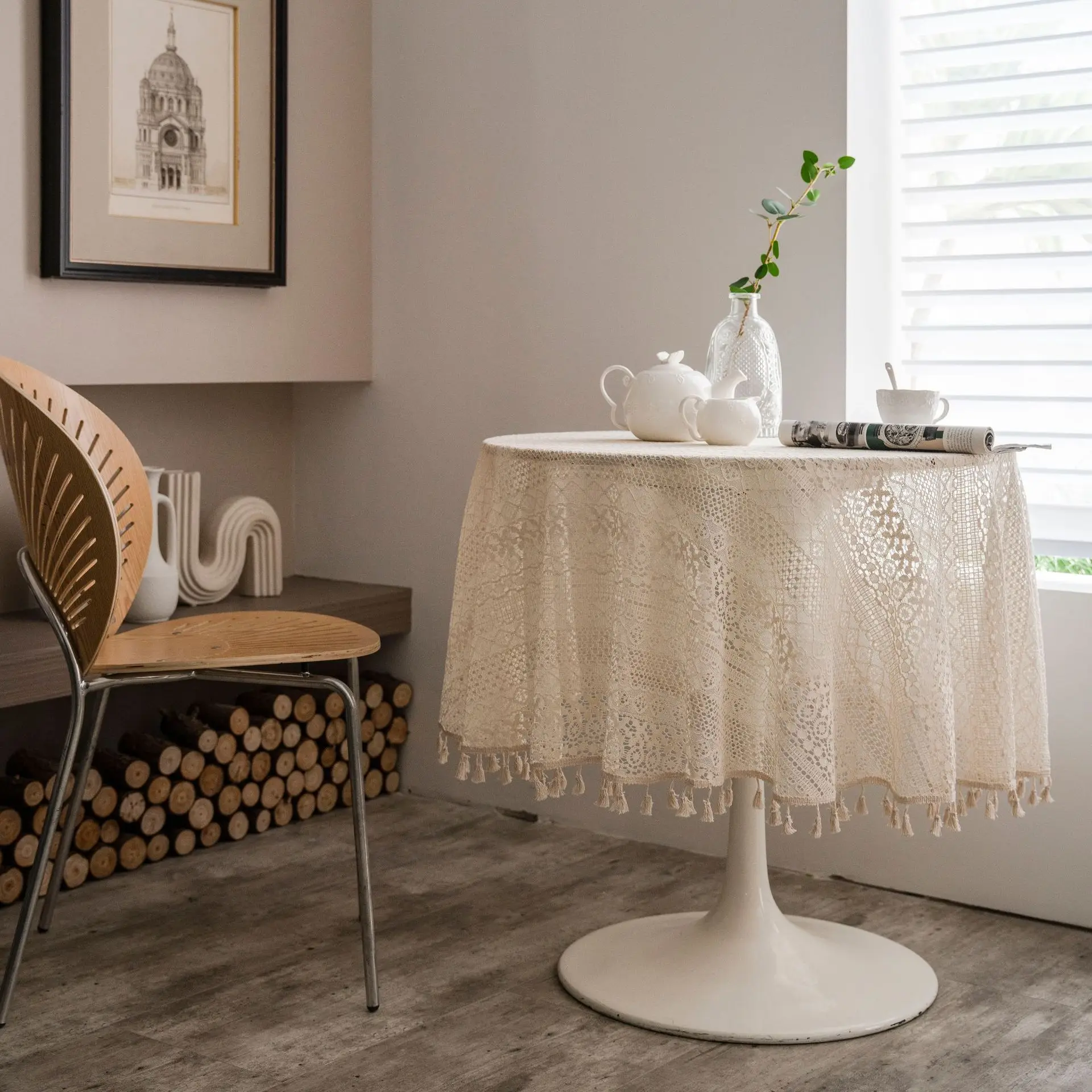 Pastoral Style Tassel Hollow Cover Cloth,Crochet Tea Table Solid Color Round Tablecloth, Vintage Copper Coin Hollow Table Mat