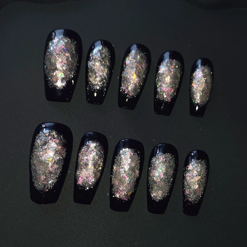 

10Pcs Cool Handmade Press on Nails Full Cover Shining Glitter Design Wearable Black Coffin Ballet Artificial Fake Nails Tips Kit