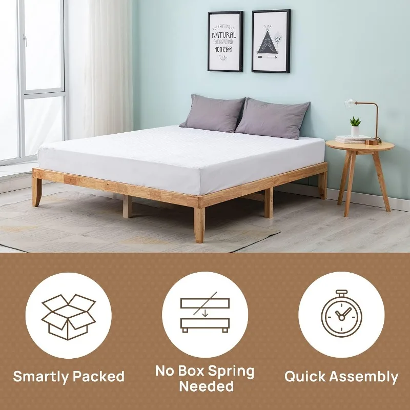 Queen Size Wood Platform Bed Frame ,No Box Spring Needed Wooden Slat Support Oak Wood Natural Finish Home Bedroom Furniture