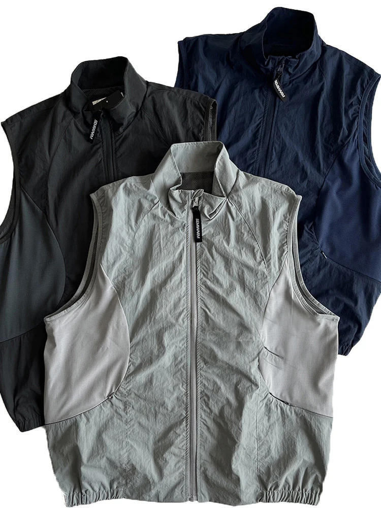 

Мужской модный легкий дышащий жилет с воротником-стойкой, быстросохнущий, свободного кроя, с эффектом пэчворк