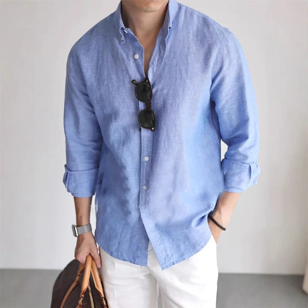 American Style Linen Work Shirt Mens Breathable Slim Fit Cool Sensation  Shirt Three Acetate Fiber Winter Collection