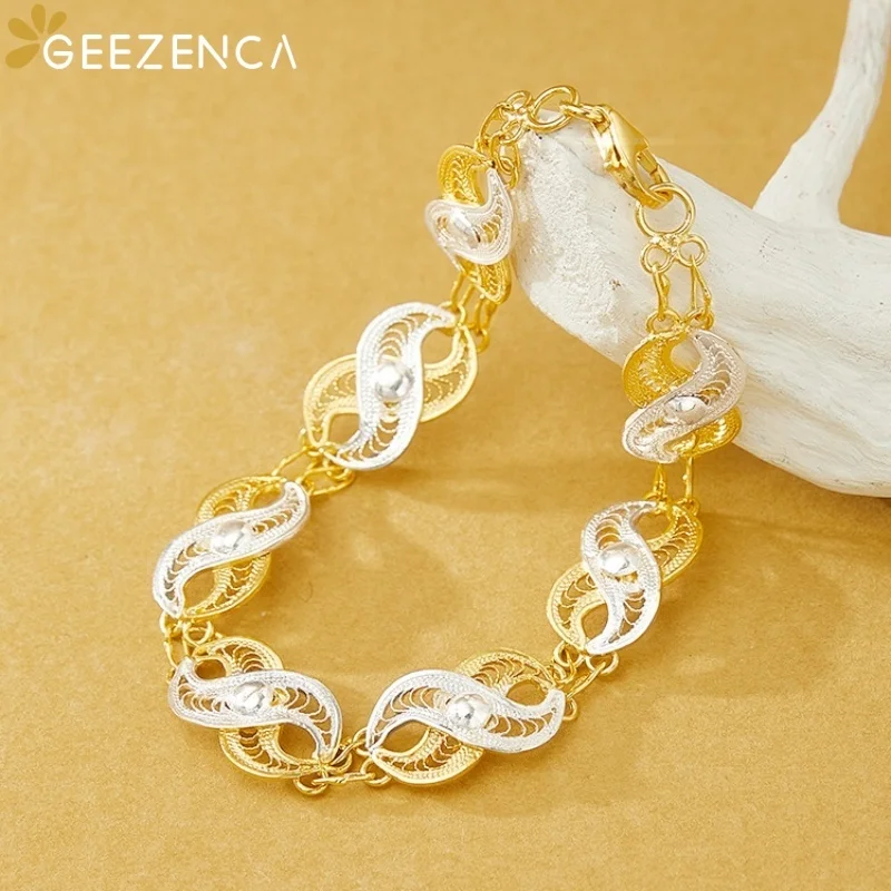 GEEZENCA 925 Sterling Silver Two Tone Twisted Link Bracelet For Women Italian Italian StyleEngarved Shiny Hollow Chain Bracelets