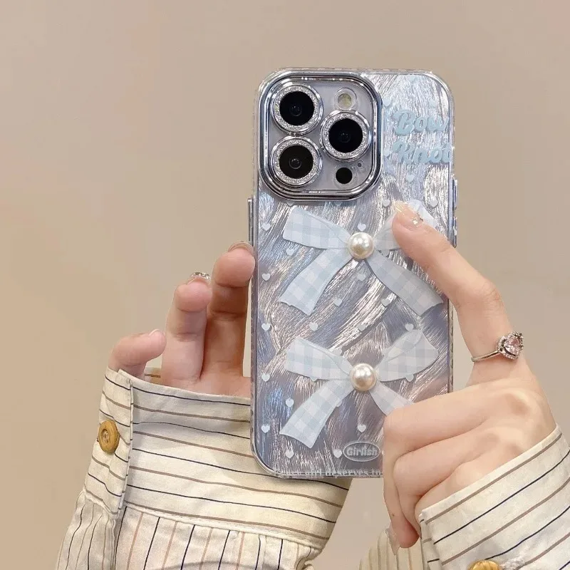 

Blue Bow with 3D Pearl Pattern Phone Case For IPhone 16 15 14 13 12 Pro Max 11 Shockproof Drop-proof Protective Cover Funda