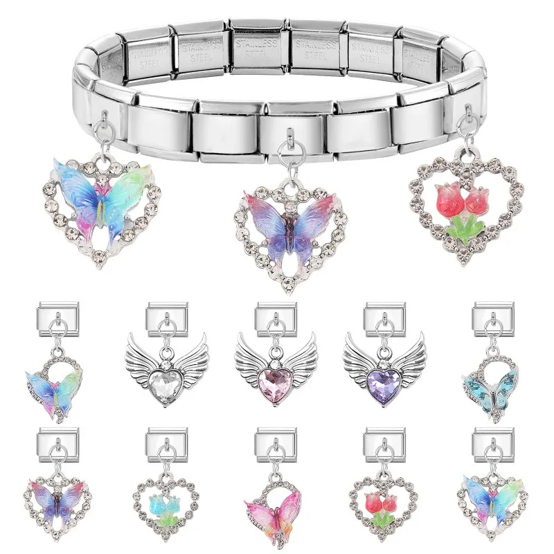 

Y2K Zircon Butterfly Heart Tulip Star Pendant Italian Charm Links Fit 9mm Stainless Steel Bracelet Women DIY Making Gifts