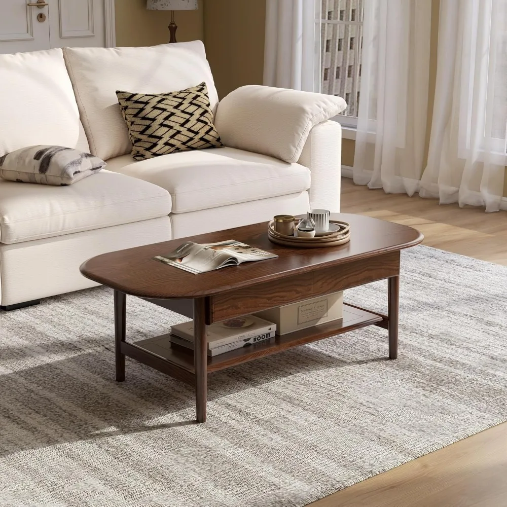 

Журнальный столик из 100% массива дуба для гостиной, 2-уровневый стол середины века с 2 ящиками и открытой полкой, стол для гостиной