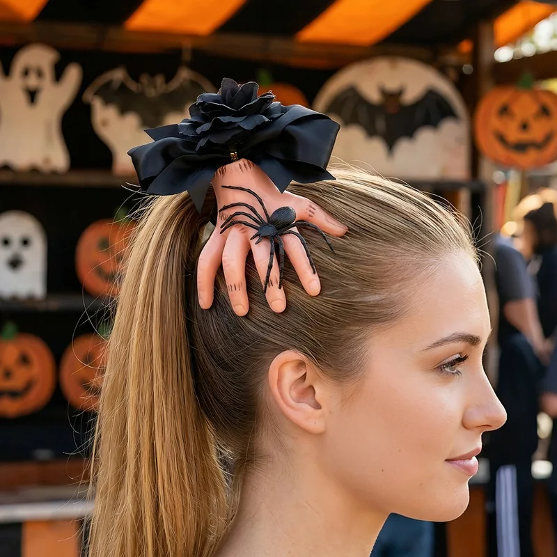 Vintage Halloween Decoration Simulated Severed Hand Hairpin Black Bowknot Spider Claw Hairpin Dark Style Hairpin