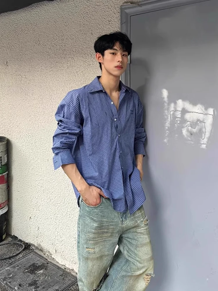 

Sunine Clean American Retro Plaid Long Sve Loose Casual irt for Men Stand Fit Button Design Polyester Fiber Autumn ...