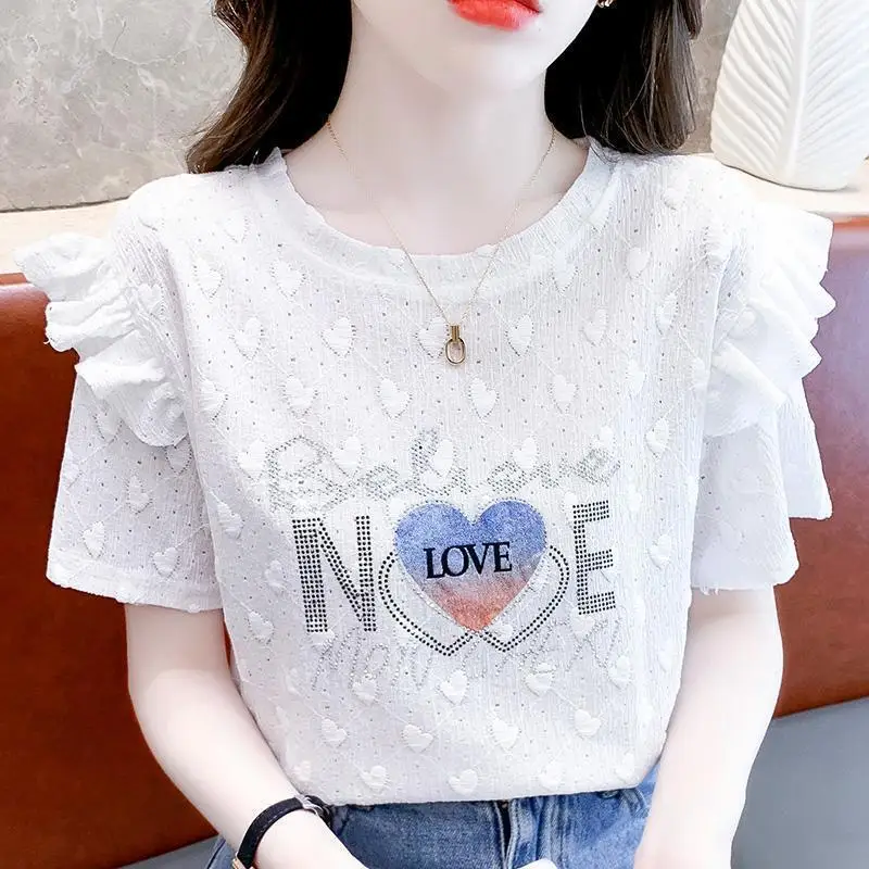 

Summer new round neck T-shirt lace jacquard temperament loose ruffle edge 2025 women's short sleeved fashion versatile top