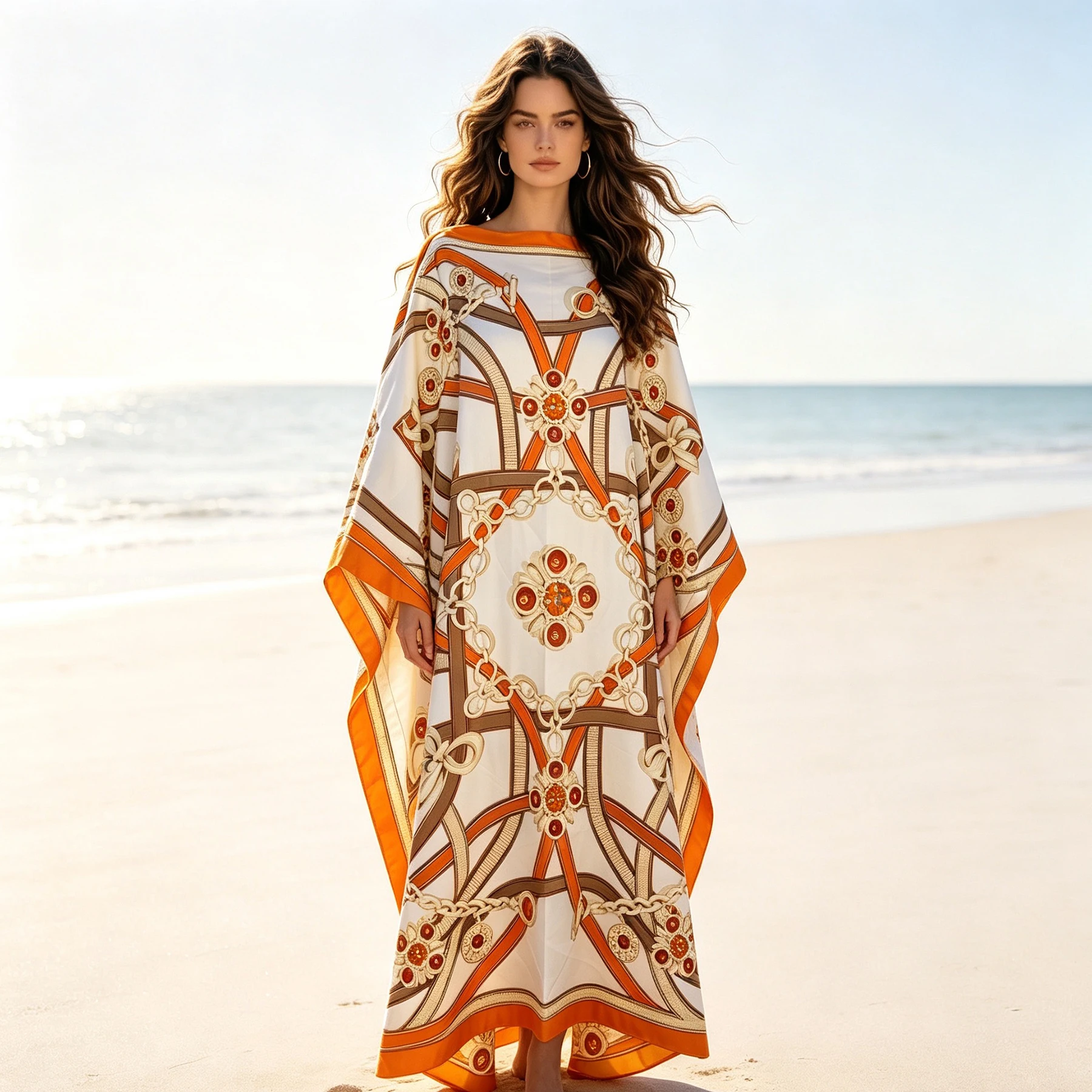 Middle East Fashion Geometric Printed Loose Kaftan Dress Beach Vacation Plus Size Boho Sexy Lady Comfortable Abaya Muslim Caftan