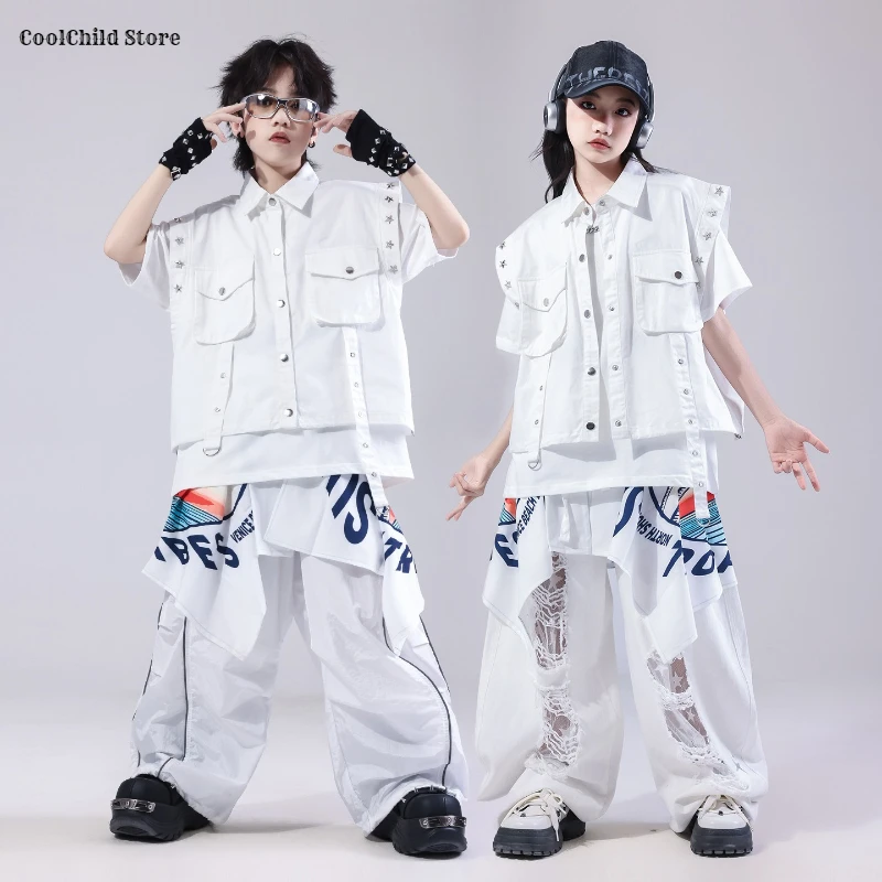 Girls K-pop Cool Vest T-shirt Ripped Loose Pants Boys Streetwear Kids Hip Hop Street Dance Clothes Sets Children Teens Costumes