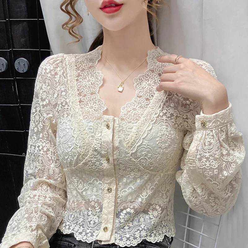 Long Sleeve V-Neck Blouse Women Blusas Mujer De Moda 2024 Apricot Hollow Lace Blouse Shirt Tops Women Blusa Women Clothing D892