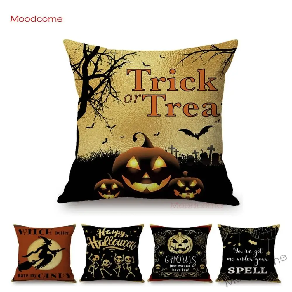 Gold Halloween Trick or Treat Pumpkin Face Black Crow Home Decoration Sofa Throw Pillow Cover Black Spider Witch Cushion Cover